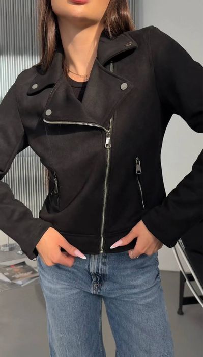 Замшева жіноча куртка чорна косуха весна-осінь еко-замша M–XL