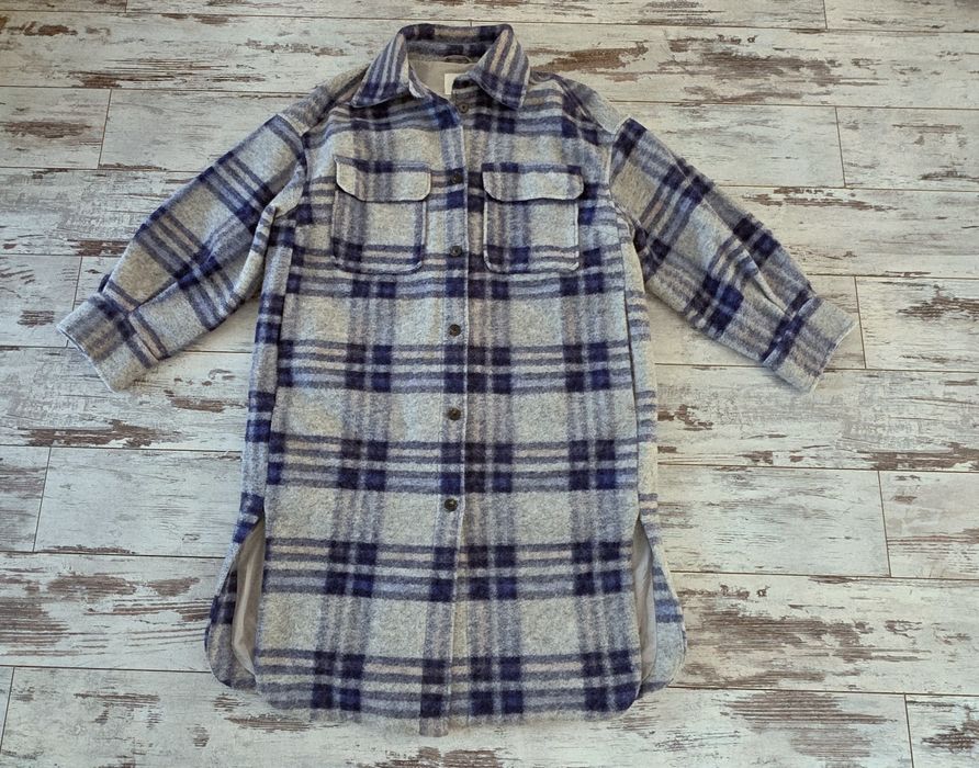 H&M, szaro niebieski płaszcz koszulowy oversize, kocykowy, w kratkę M
