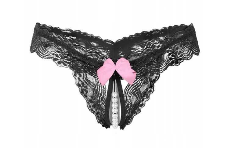 Czarne stringi damskie koronkowe kokardka perełki otwarte majtki