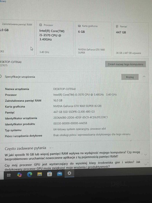 Komputer Gamingowy i5-3570 CPU Nvidia GeForce GTX1660 Super Windows 10