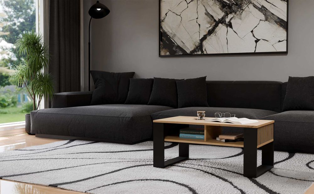 Stolik Kawowy MODERN 2P SLIM Ława z 2 Półkami  DĄB ARTISAN / CZARNY