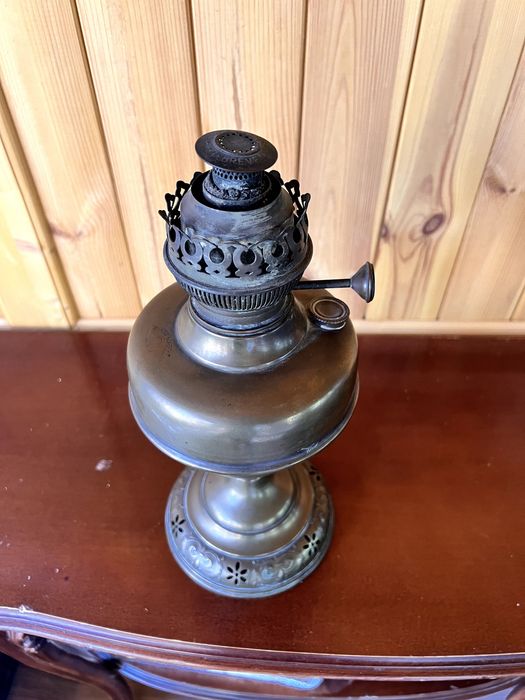 Mosiężna lampa naftowa stołowa – ok. 1900 r., oryginał, antyk
