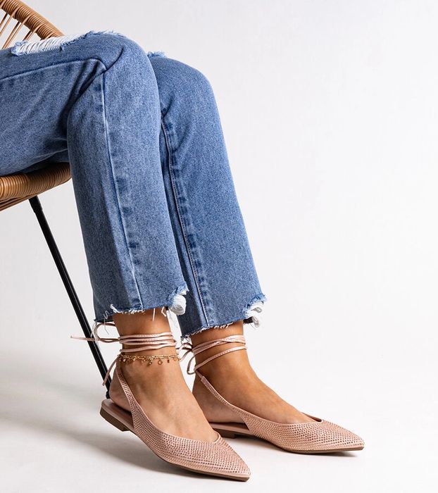 Wiązane różowe balerinki z cyrkoniami  Safine