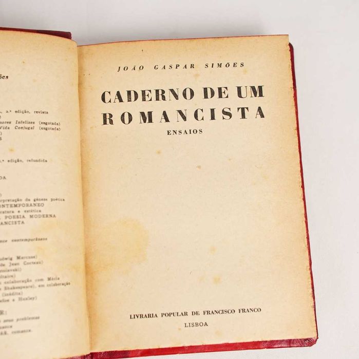 Livro "Cadernos de um Romancista" - João Gaspar Simões