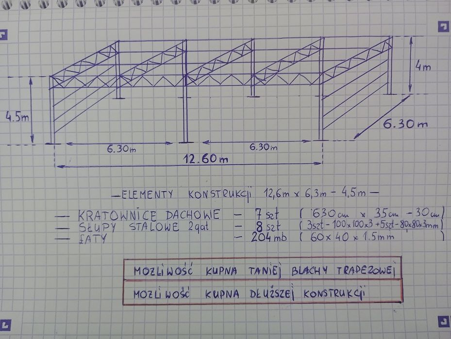 Konstrukcja wiaty ocynkowanej 12,5m x 6,3m-4.5H, elementy z demontażu.