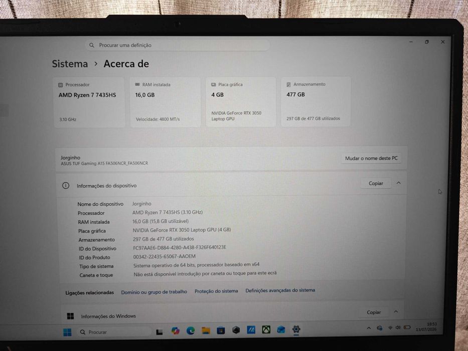 Portátil Gaming ASUS TUF Gaming A15 (RTX 3050) – Como Novo + 11 Meses Garantia
