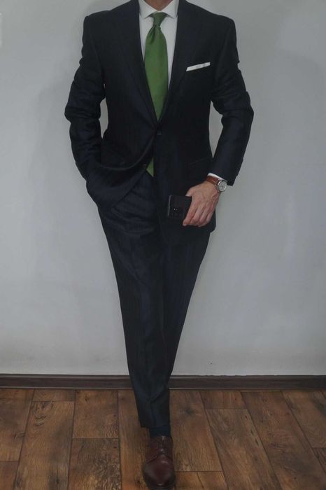 Garnitur Versace Collection 52/XL Granatowy Głęboki Prążki Wełna Jedwab Elegancki Premium