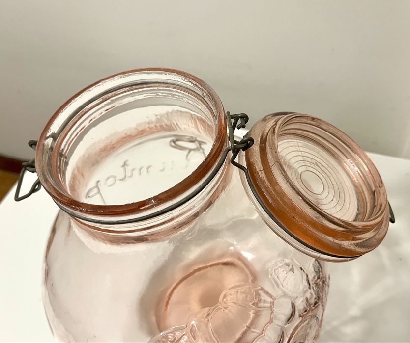 Pote vintage de vidro Rosa Rumtopf Germany