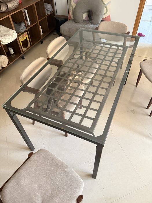 Mesa de jantar em ferro e vidro