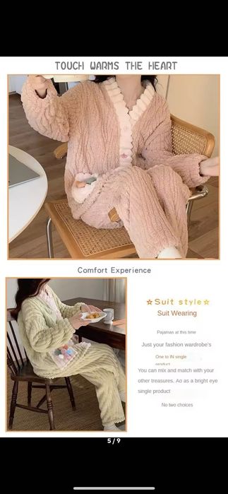 Nowa piżama damska pluszowa prążkowana w kwiaty ciepła komplet 36