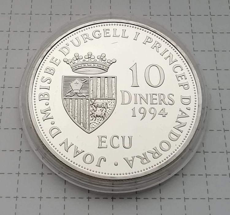 Андорра 10 дінерів 1994р. Членство Андорри в ООН. СРІБЛО. Сертифікат.