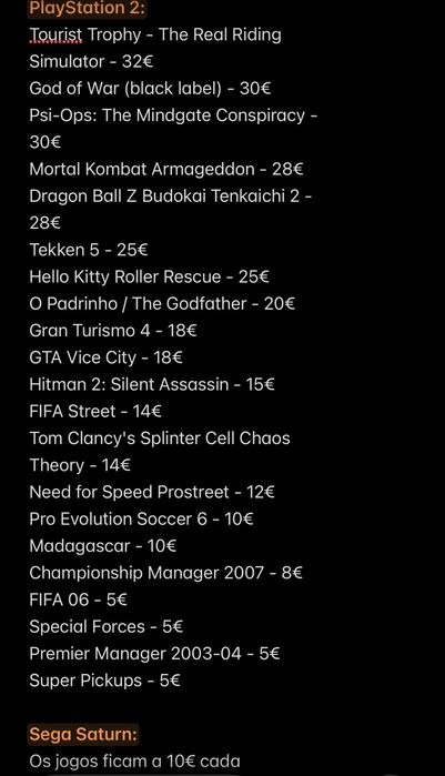 Jogos playstation2 e Sega Saturn- valores apartir de 5€