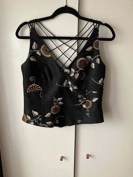 Jedwabny komplet Molton r. 40 L Top + Spódnica midi hafty Vintage