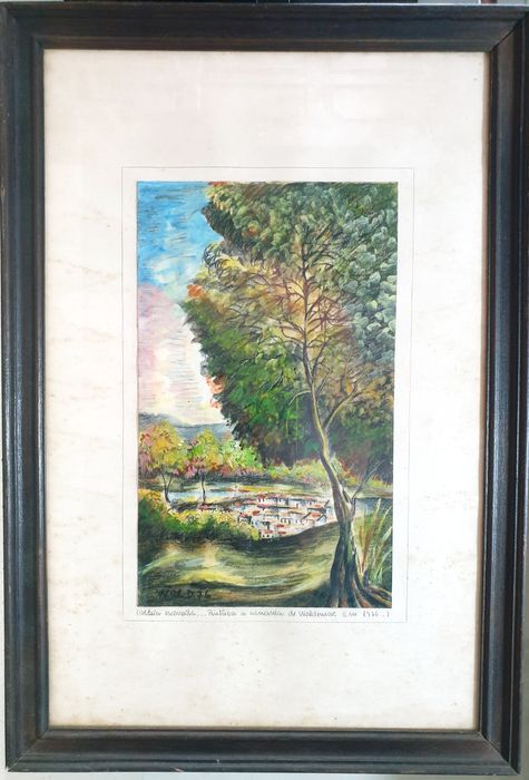 WALDEMAR: Aguarela paisagística "Aldeia escondida" assinada de 1976