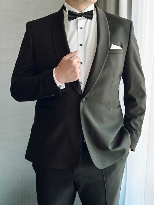 Smoking ślubny GIACOMO CONTI 186cm CAŁY GOTOWY KOMPLET dla Pana Młodego smoking, buty, koszula, muszka, zapinki etc.