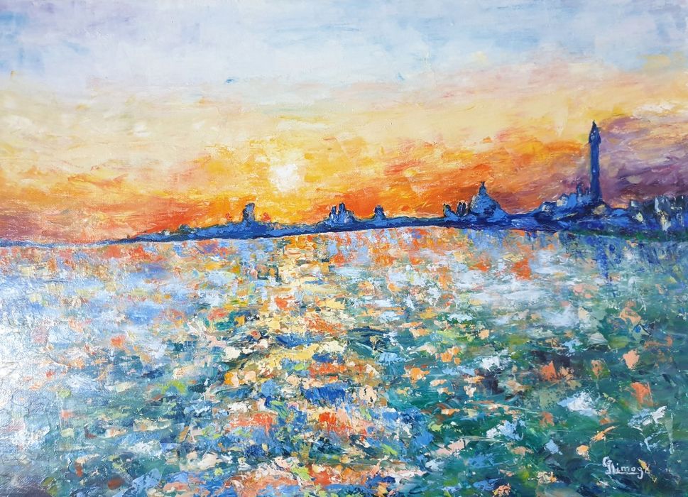 Lindissima pintura "por do sol de Veneza" em óleo sobre tela assinada