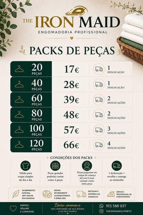 Passar a ferro/Engomar | Serviço ao Kilo + Packs | Recolha e Entrega gratuita
