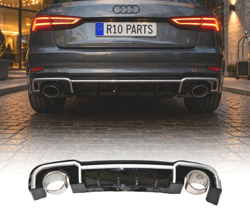 DIFUSOR AUDI A3 SEDAN S LINE 17-20 LOOK RS3 PRETO BRILHANTE + PONTEIRAS DE ESCAPE