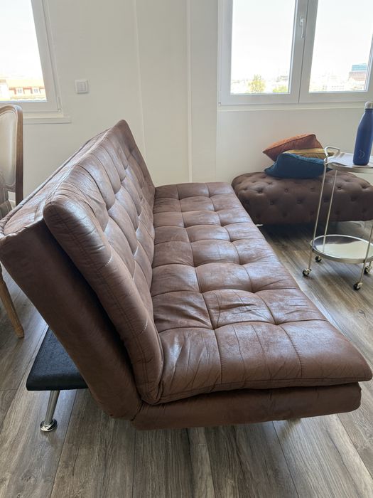 Sofá-Cama de 3 Lugares em Pele Sintética Castanha (Estilo Vintage)