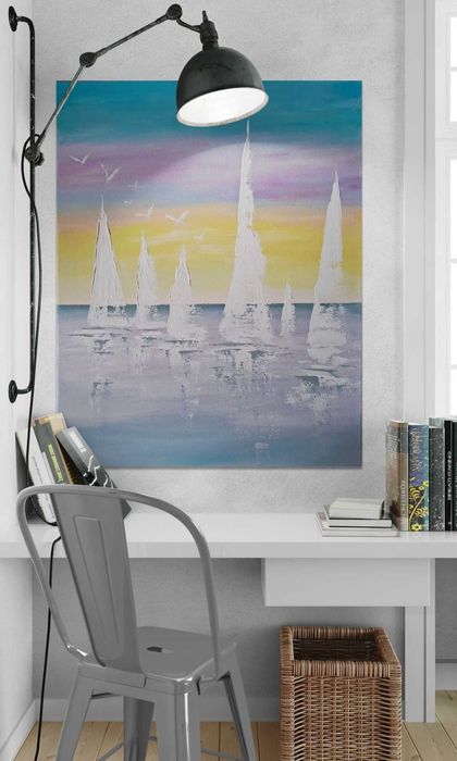 Obraz na płótnie ręcznie malowany akrylami Żaglówki o wschodzie słońca