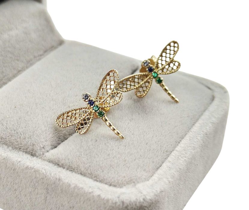 Śliczne kolczyki ważki z cyrkoniami 1,55g 585