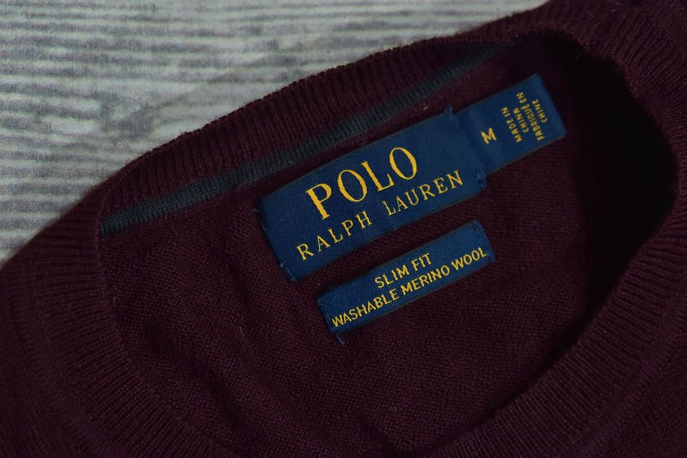 Ralph Lauren Bordowy Sweter Washable Merino Wool Slim Fit M