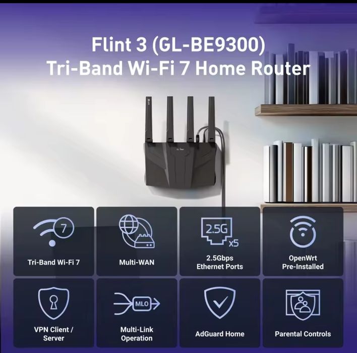 GliNet Flint3 GL-BE9300 WiFi 7 три діапазона 6Ггц 320Mhz Xiaomi Be7000