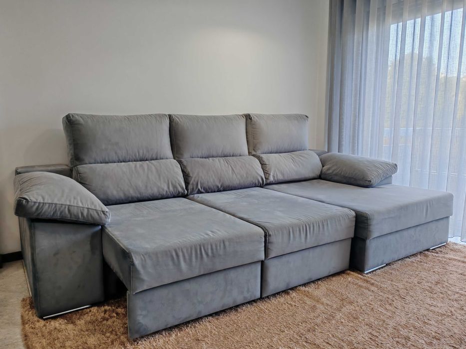 Sofá Chaise Longue Conversível em Cama | Veludo Cinza | Bom Estado