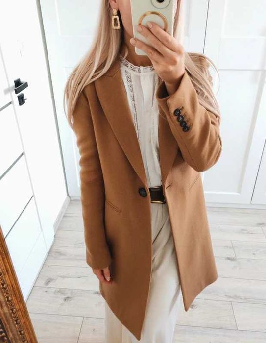 wiosenny karmelowy płaszcz z wiskozą na wiosnę ZARA XS
