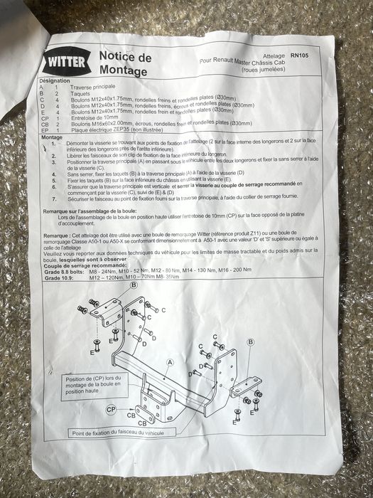 Engate de reboque, para o Renault Master Chassis Cab (com rodas traseiras duplas / twin rear wheels)