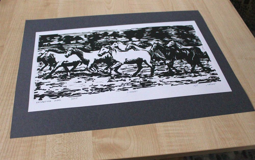 linoryt grafika konie tabun koni oryginalna odbitka A3 koń