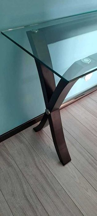 Consola de madeira com tampo em vidro 137 x 76 x 46