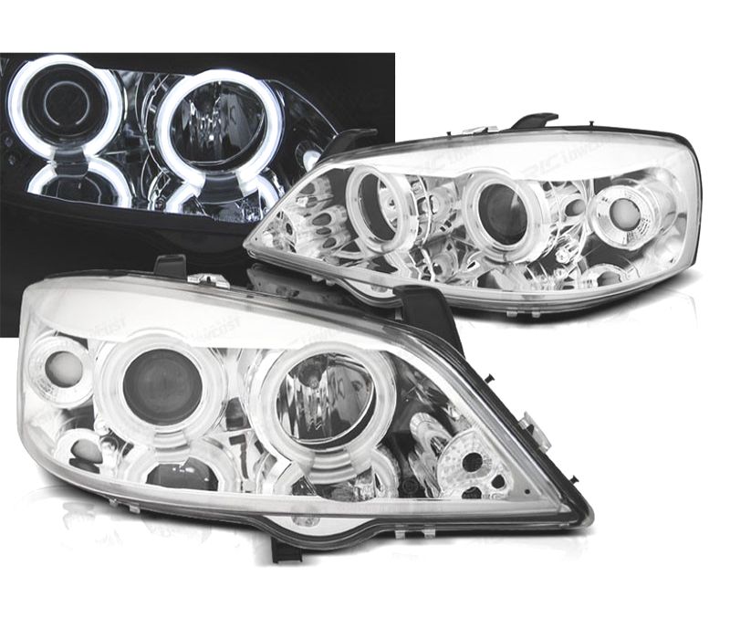 FARÓIS FRONTAIS ANGEL EYES CCFL OPEL ASTRA G 97-04 FUNDO CROMADO