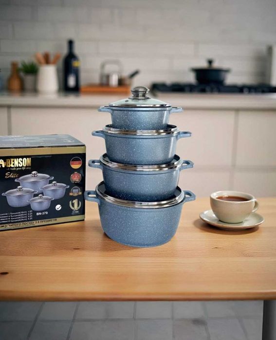 Каструлі з мраморним покриттям benson 4 штуки з кришками