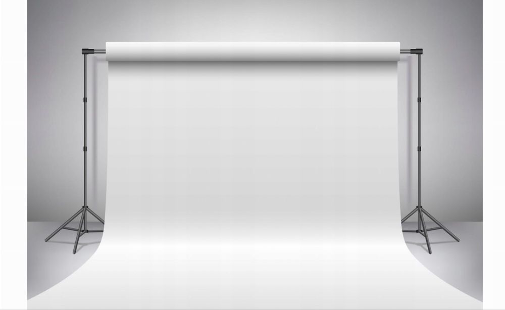 Białe tło fotograficzne do zdjęć winylowe 220x 400 cm stojak statyw pufa