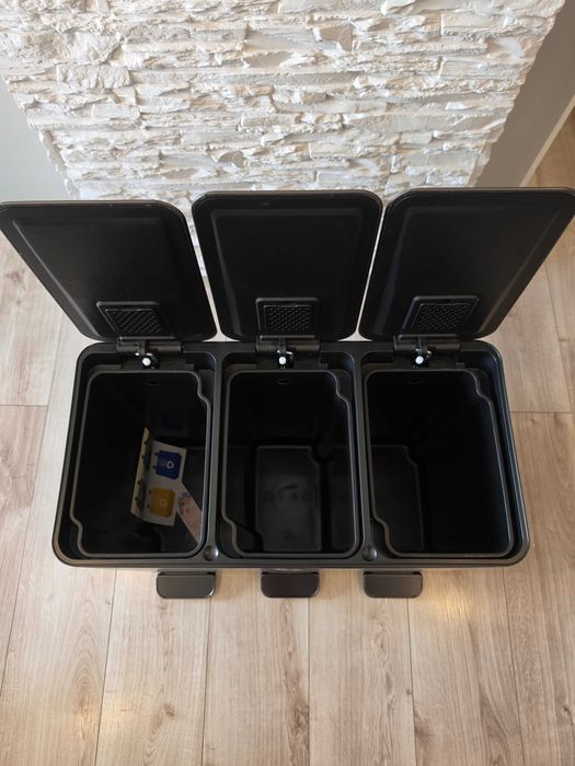 Kosz Do Segregacji Śmieci 3x15L (45L) - Stal, Czarny Mat, Soft-Close, Anti-Fingerprint