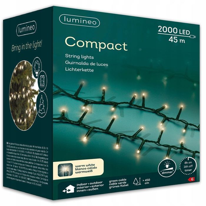 lampki choinkowe światełka ciepłe białe 2000 led 45 m ip44 zew/wew compact