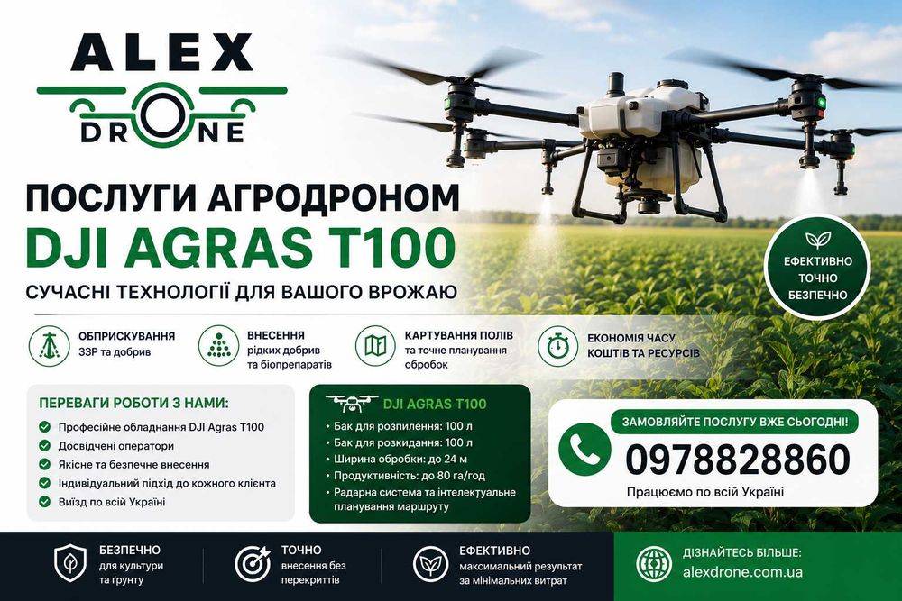 Послуги агродрона DJI Agras T100 | Обробка полів | Оптимізація врожаю