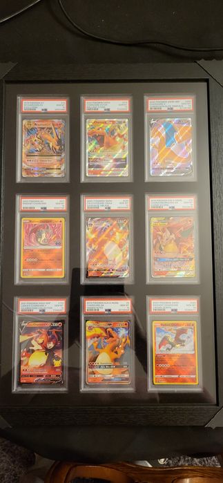 Moldura com 9 slabs de cartas Pokémon Charizard psa 10