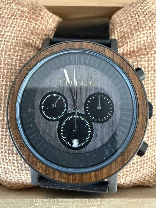 NOWY Zegarek Męski Drewniany NIWATCH CHRONO Heban Stoper Skóra