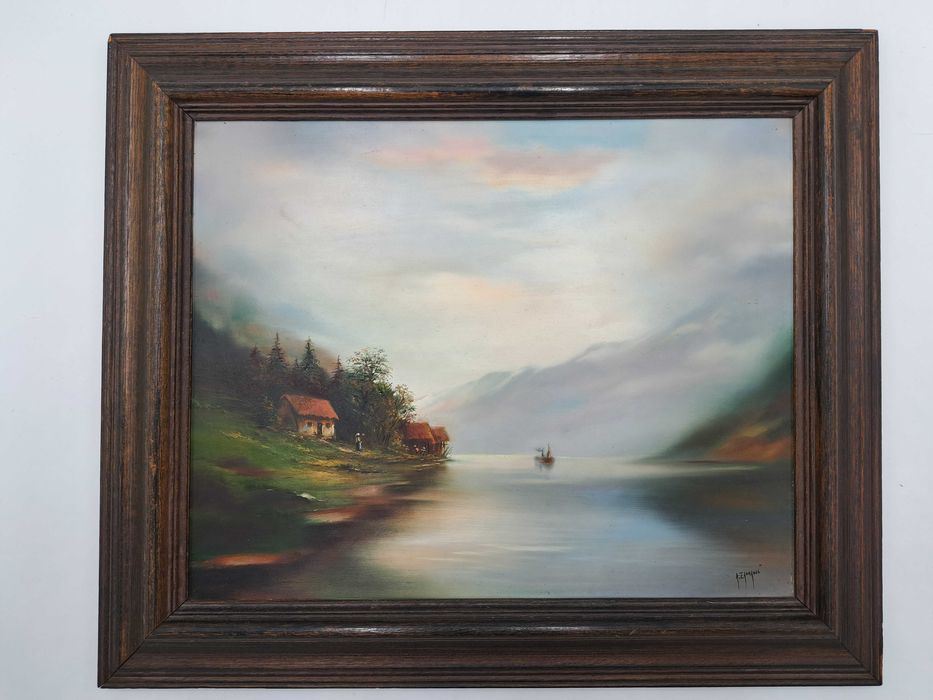 Obraz olejny gory rzeka domy A. Zamani, pejzaż nokturn