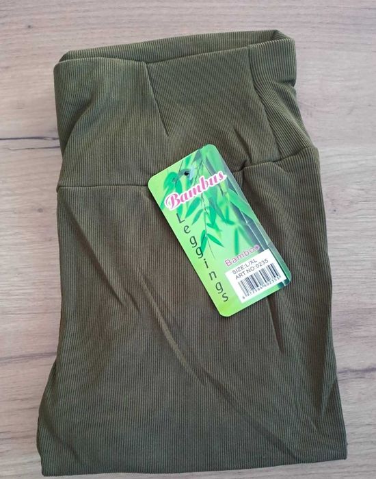 Nowe Leginsy S/M 36 38 khaki prążkowane bambusowe prążek wysoki stan