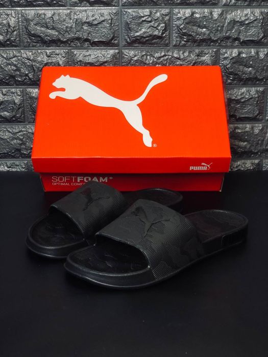 Чисто черные мужские для мужчине шлепки puma шлепанцы пума пляжные тапки слансы мужские легкие на каждый день