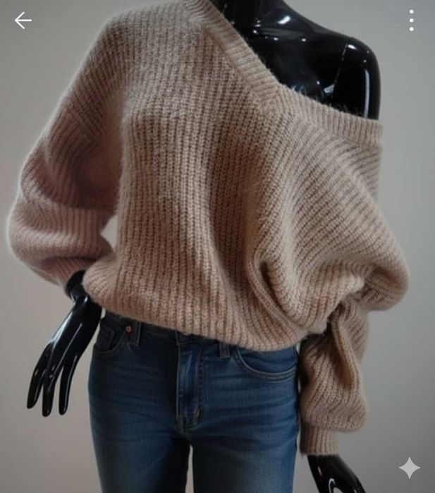 Ciepły beżowy sweterek z dekoltem w kształcie V rozmiar S M L XL