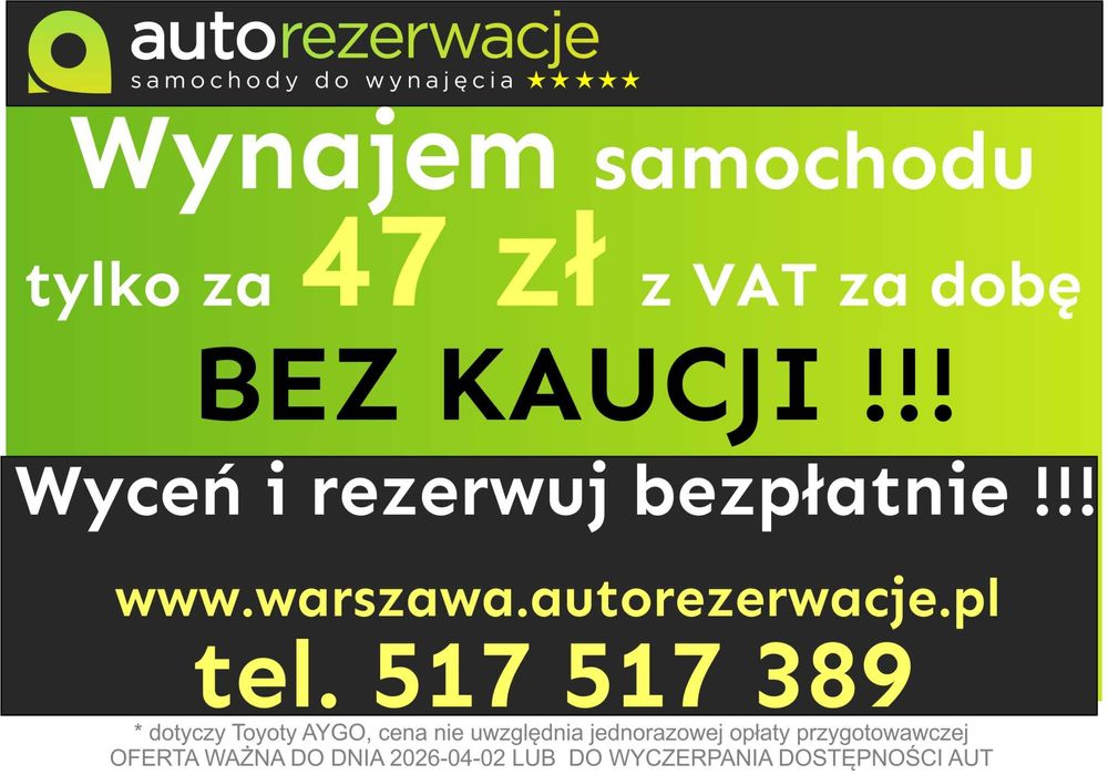 Wynajem samochodu/aut wypożyczalnia samochodów za 49 zł za dobę