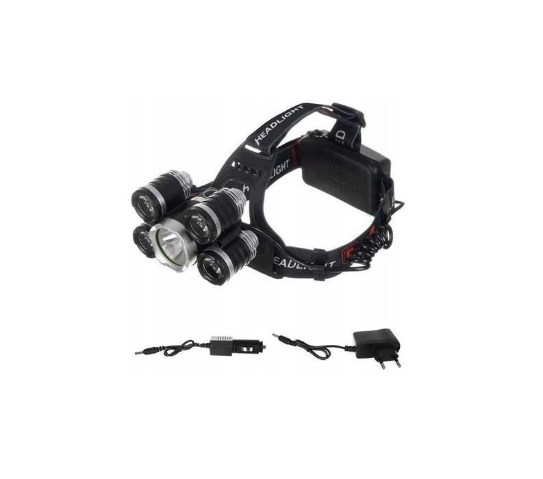 MOCNA Latarka czołowa 5xLED uniwersalna solidna ZESTAW akumulatorowa