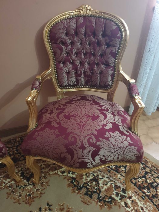 Cadeirão Cadeirões Bergeres Luís XV Folha Ouro Adamascado Bordô