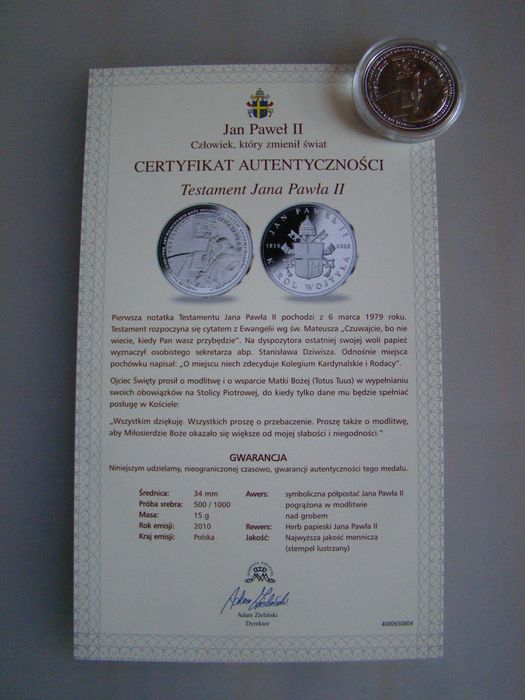 JAN PAWEŁ II SREBRO " Testament Jana Pawła II" Mennicza + Certyfikat
