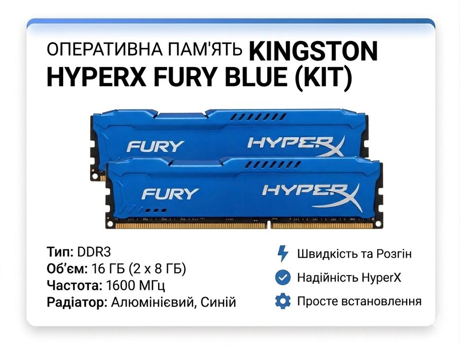 Оперативна память KINGSTON HYPERX FURY BLUE (KIT)16гб(2х8)