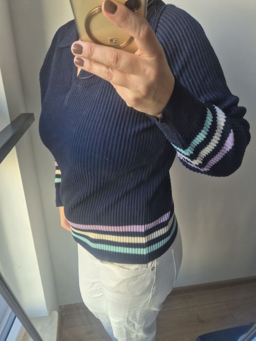 Sweter granatowy wełniany pure wool jesienny autumn Woolmark 42/XL